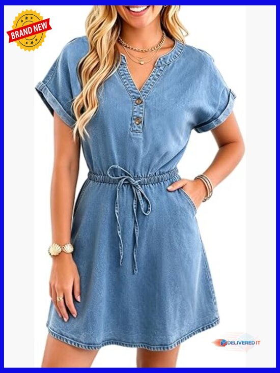 Dresses & Skirts - Short Sleeve Notch V Neck Button Tie Waist A Line Denim Mini Dress with Pockets